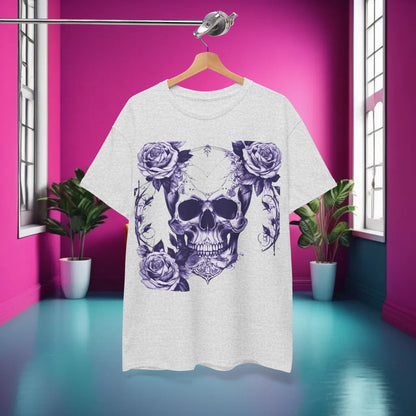 Skulls and Roses Cotton Tee displayed in a vibrant room, highlighting the unisex graphic shirt's striking skull and rose design, perfect for alternative fashion enthusiasts.