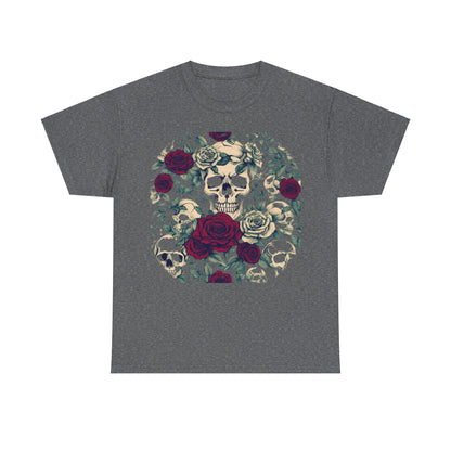Skulls and Roses Cotton Tee elegantly displaying a unique steampunk design on a charcoal unisex graphic shirt, suited for alternative fashion enthusiasts.