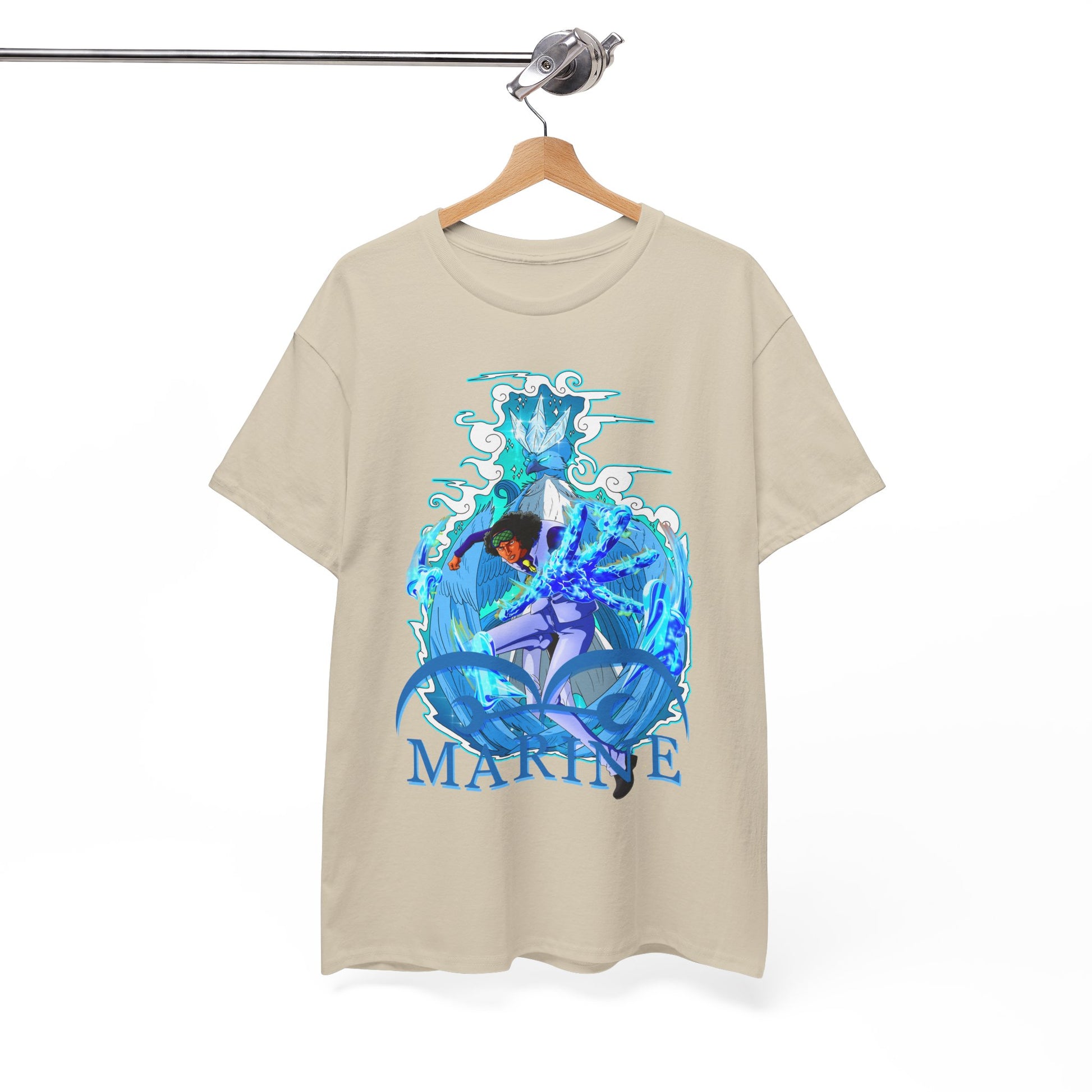 Beige men's t-shirt elegantly hanging, highlighting a captivating marine-themed anime design in vivid blue tones and artistic swirls, suitable for a trendy wardrobe.