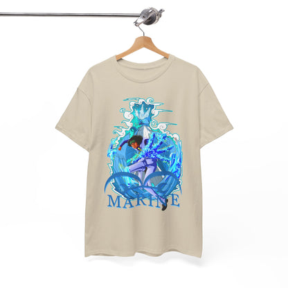 Beige men's t-shirt elegantly hanging, highlighting a captivating marine-themed anime design in vivid blue tones and artistic swirls, suitable for a trendy wardrobe.