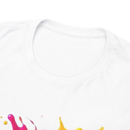 Close-up view of the neckline and fabric of a premium white t-shirt featuring a playful Minion design, highlighting the quality and detail of the shirt.