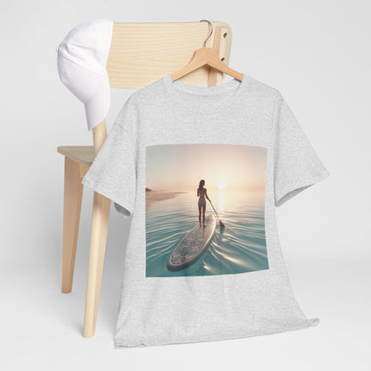 Dazzling Dreams Paddle Board T-Shirt worn casually by an individual, ideal for beach outings or nature trails, designed by Dazzling Dreams Studio.