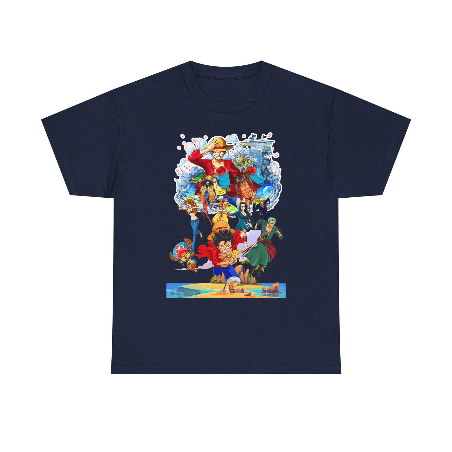 Stylish navy men's t-shirt showcasing an intricate anime character design, merging comfort with vibrant art for the sophisticated anime lover.