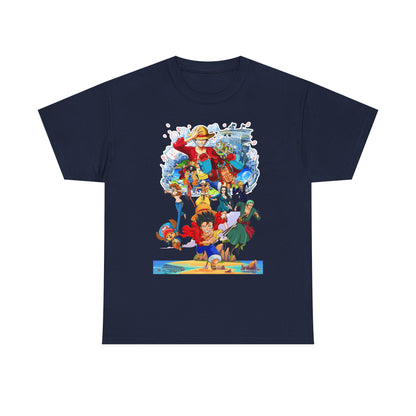 Stylish navy men's t-shirt showcasing an intricate anime character design, merging comfort with vibrant art for the sophisticated anime lover.