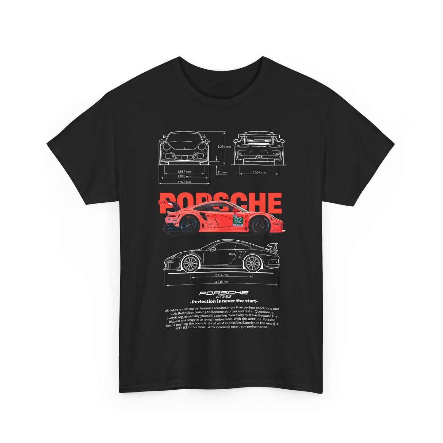 Sophisticated black graphic t-shirt displaying a vibrant red Porsche GT3RS race car, accompanied by intricate technical drawings and a motivational tagline.