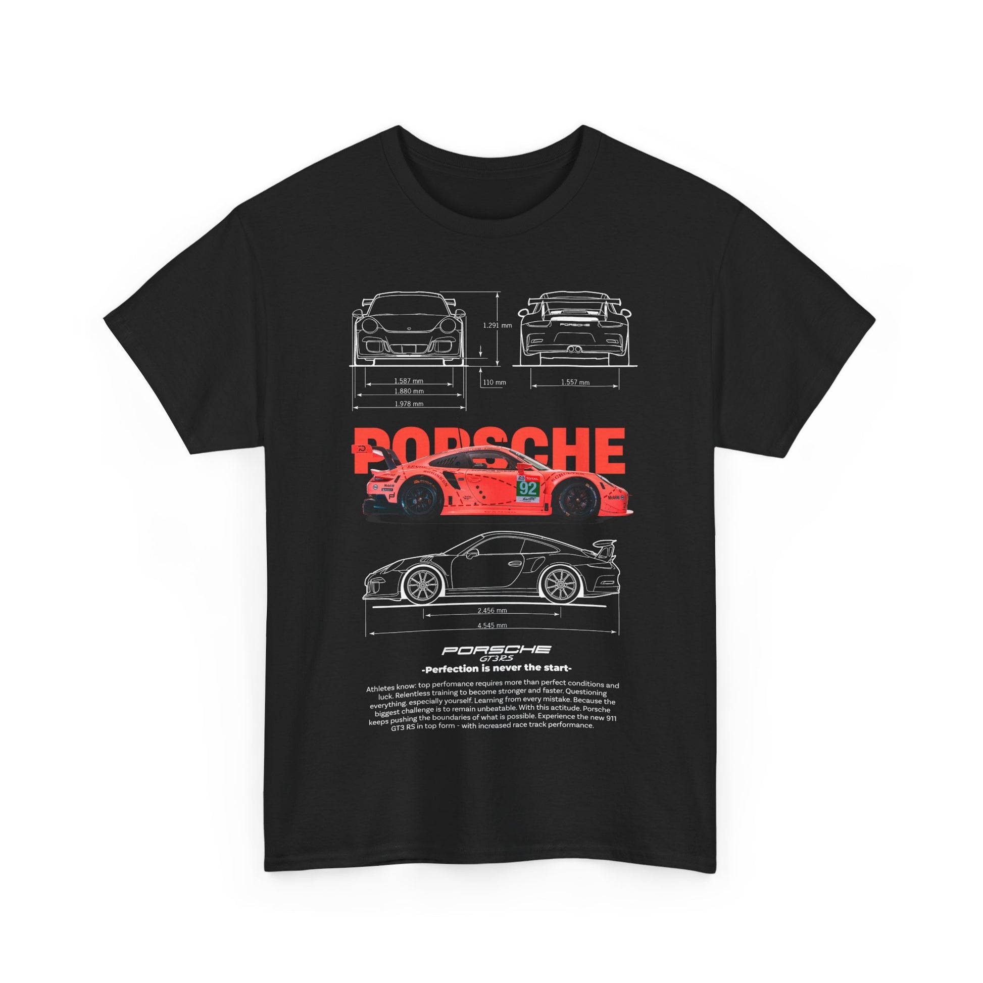 Sophisticated black graphic t-shirt displaying a vibrant red Porsche GT3RS race car, accompanied by intricate technical drawings and a motivational tagline.