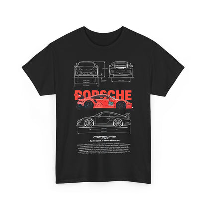 Sophisticated black graphic t-shirt displaying a vibrant red Porsche GT3RS race car, accompanied by intricate technical drawings and a motivational tagline.