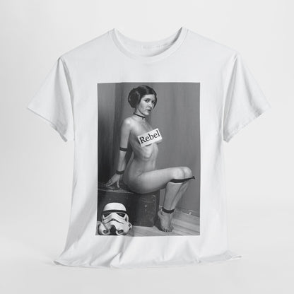 Elegant graphic tee featuring Princess Leia with the phrase 'Rebel' in a striking black and white design, showcasing a seamless blend of humour and style for fans of Star Wars.