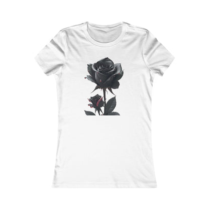 Midnight Elegy women's graphic cotton t-shirt featuring an intricate design of deep black roses with subtle crimson droplets set against a stark white background, encapsulating a hauntingly elegant aesthetic.