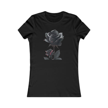 Elegant black t-shirt featuring a stunning graphic design of dark roses with crimson droplets, encapsulating a blend of macabre whimsy and gothic style for women.