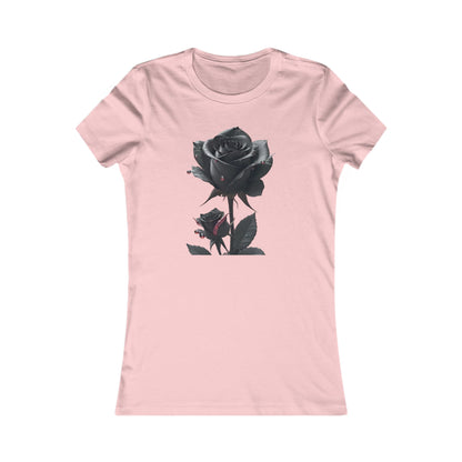 Premium women's graphic t-shirt featuring an intricate design of dark black roses with crimson droplets, set against a soft pink background, embodying a blend of elegance and whimsy.