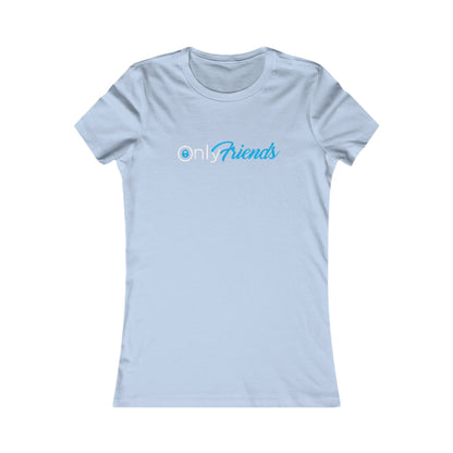 Elegant light blue fitted t-shirt adorned with the charming 'Only Friends' script in light teal, ideal for a fun yet stylish look.
