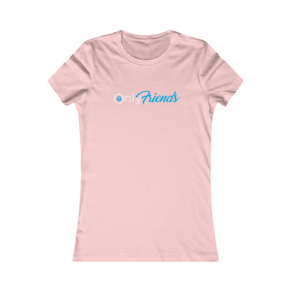 Chic women's fitted t-shirt in soft pink showcasing the cheeky 'Only Friends' design in a charming light teal font, perfect for casual elegance.
