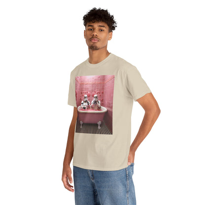 Luxurious beige t-shirt featuring a whimsical design of Stormtroopers in a pink bathtub surrounded by bubbles, exuding a playful and unique charm.