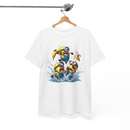 Mens Funny T-Shirt: Minions Banana Splash featuring playful Minions splashing in water, perfect for adding a touch of fun to your wardrobe. T Shirt, Funny, Minions.