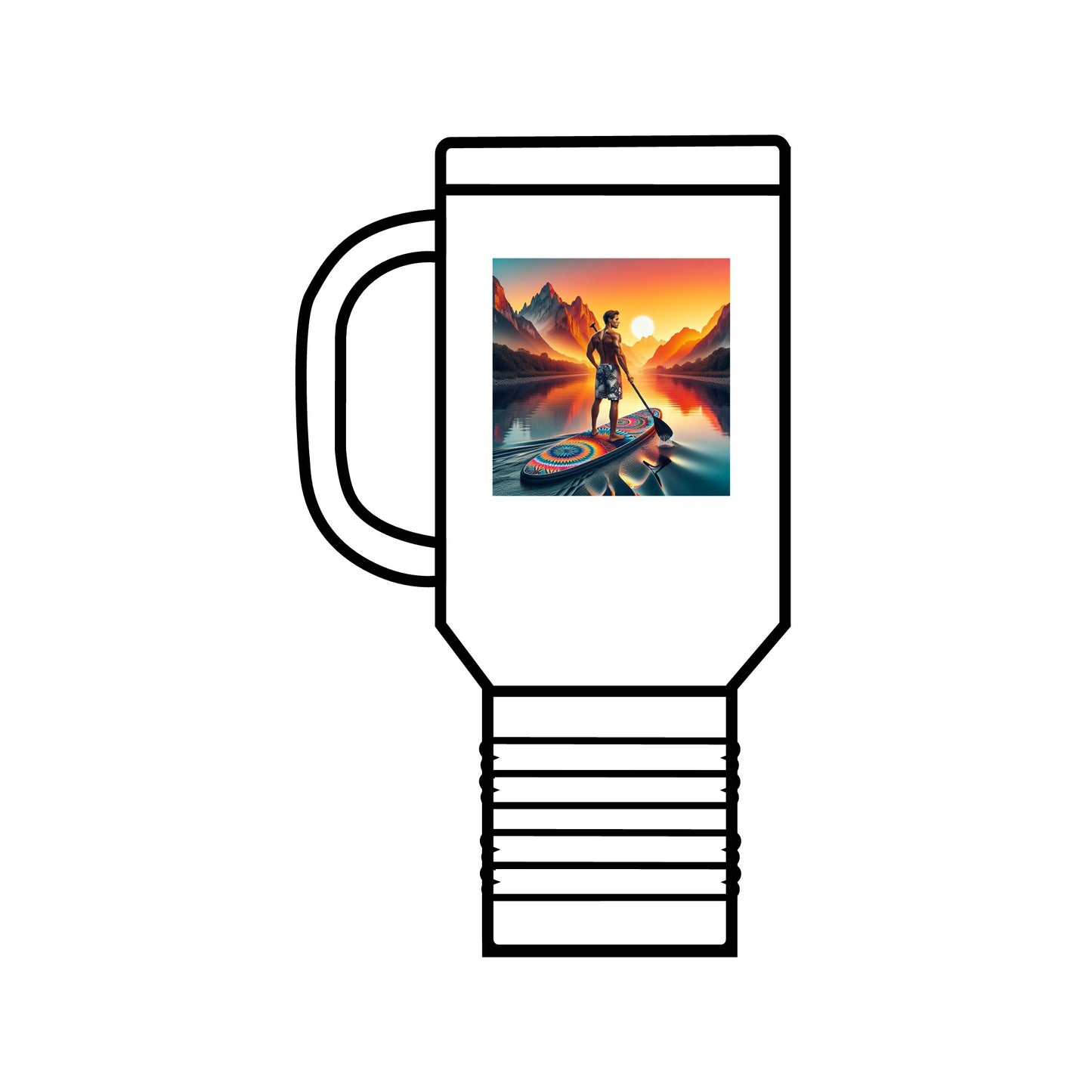 Chic Fantasy Paddleboarding Insulated Travel Mug in white, adorned with captivating artwork of sunset paddleboarding.