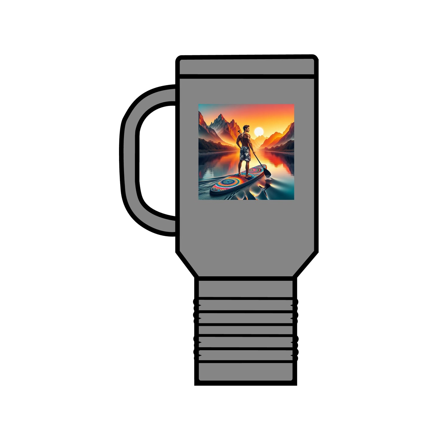 Sophisticated Fantasy Paddleboarding Insulated Travel Mug in grey, highlighting exquisite imagery of paddleboarding during golden hour.