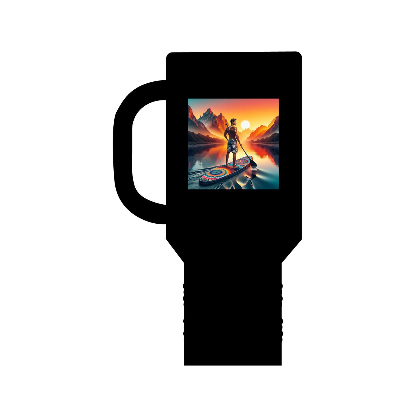 Fantasy Paddleboarding Insulated Travel Mug in black, featuring an eye-catching design perfect for adventurers. The 40oz stainless steel construction offers double-wall insulation and a convenient ergonomic handle.