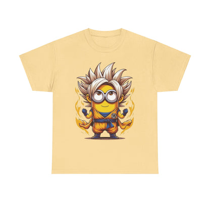 Minion's Dragon Ball Z Mashup Unisex Men's Women's Graphic T Shirt Tee featuring a playful Minion character styled as a Dragon Ball Z warrior with spiky hair and a bright orange gi. Perfect for fans, this funny T Shirt showcases a unique blend of humour and style, ideal for Minions enthusiasts.