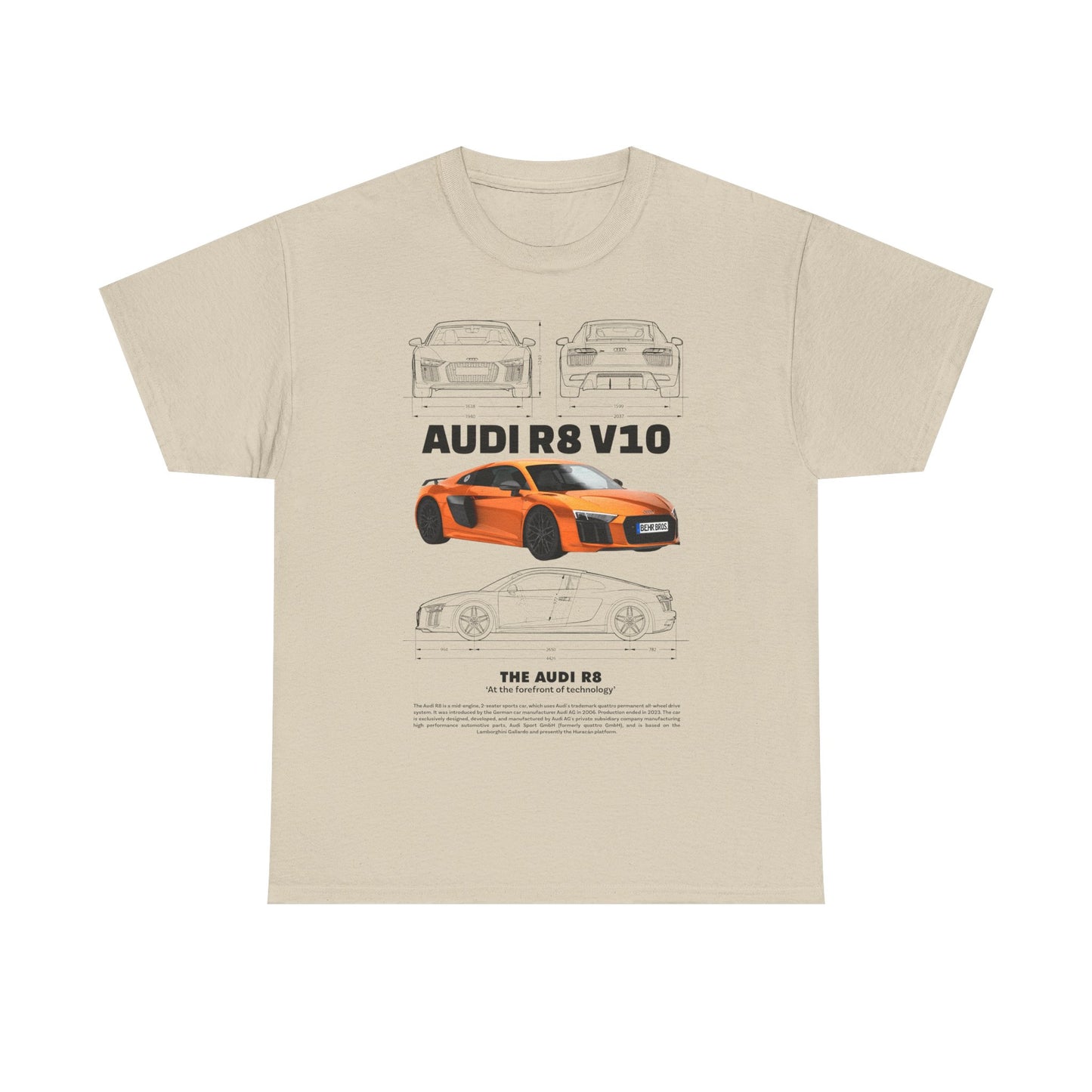 Chic Audi R8 V10 graphic T-shirt in beige, displaying detailed art of the prestigious sports car, a must-have for discerning automotive fans.