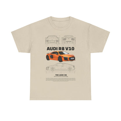 Chic Audi R8 V10 graphic T-shirt in beige, displaying detailed art of the prestigious sports car, a must-have for discerning automotive fans.