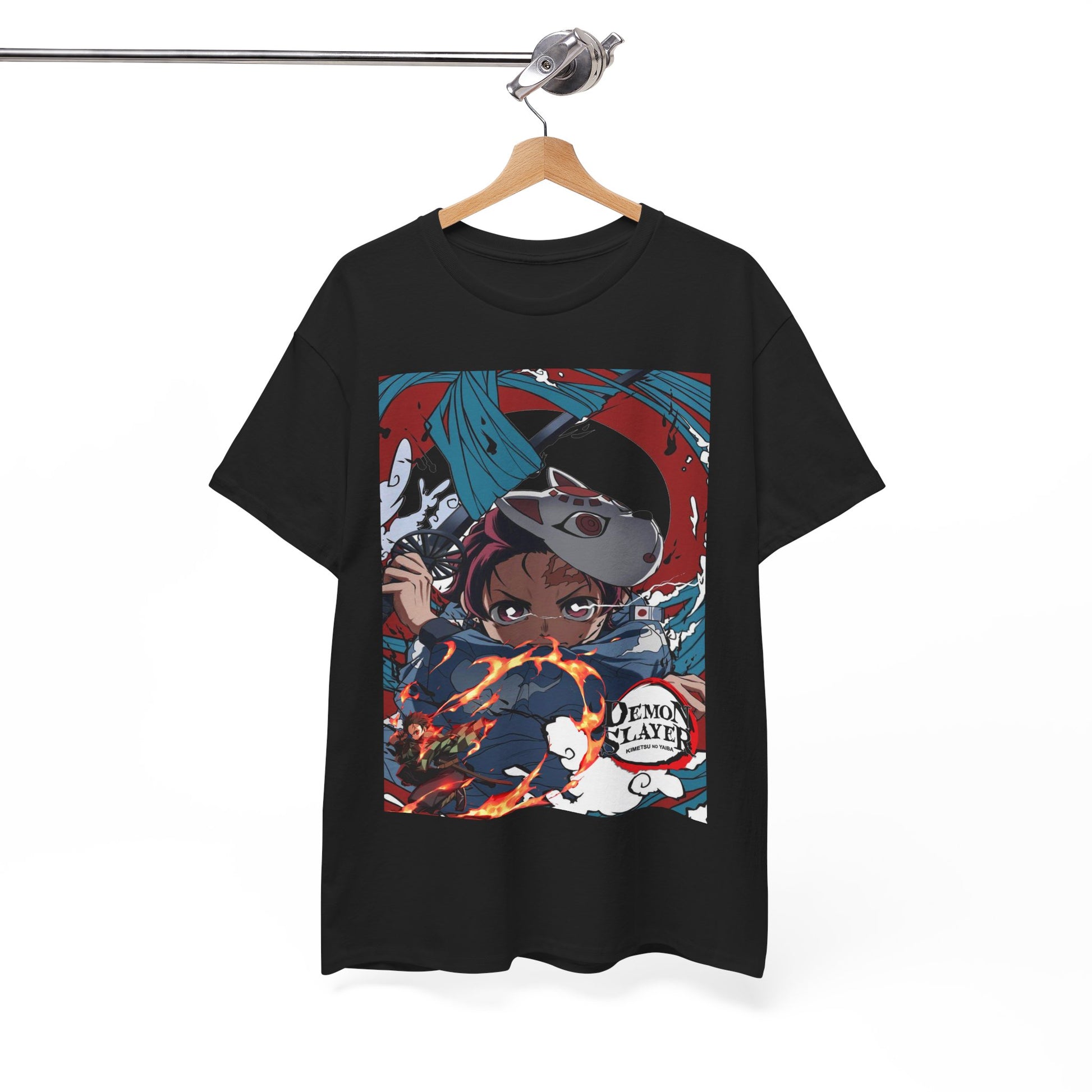 Luxurious black t-shirt elegantly displayed, featuring an intricate Demon Slayer design with bold colours, perfect for stylish anime aficionados.