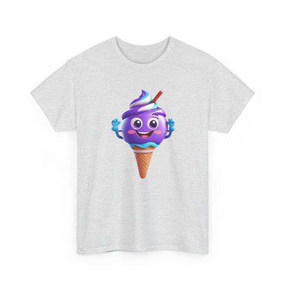 Front view of the 'Scoop of Joy: Cartoon Ice Cream Cone Character Tee' in heather grey, prominently displaying the cheerful cartoon ice cream character.