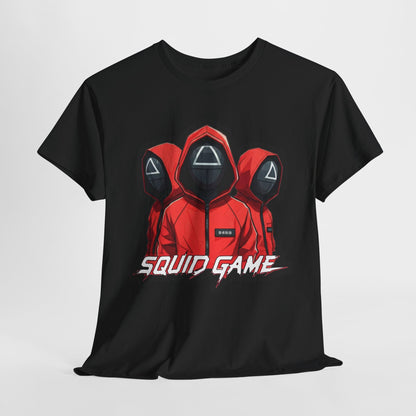 Squid Game Unisex Men's Women's Graphic Cotton Funny T-Shirt featuring striking red hooded figures with geometric masks, perfect for adding a mysterious flair to your wardrobe.