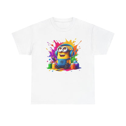 Men's Funny Minion Paint Splash T-Shirt showcasing a cheerful Minion wearing headphones and surrounded by colourful paint, perfect for expressing your fun-loving personality. This T-shirt combines humour with a love for Minions.
