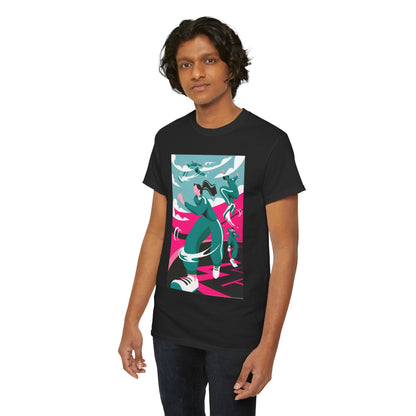 Luxurious unisex Squid Game graphic t-shirt featuring a vibrant design, perfect for fans of the series. Model demonstrates the stylish fit, showcasing the unique artwork inspired by survival themes.