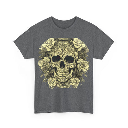 Front view of the Skulls and Roses Cotton Tee, Unisex Graphic Shirt, featuring an intricate skull and rose design in grey.