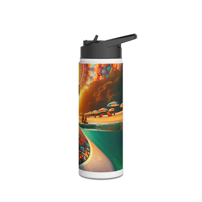 Stylish Fantasy Paddleboarding Stainless Steel Water Bottle showcasing serene beach vibes and paddleboarding aesthetics.