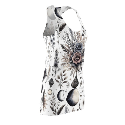 Elegant Designer Racerback Dress for Women presented in a side view, highlighting a luxurious floral and celestial print, an exquisite choice for summer outings.