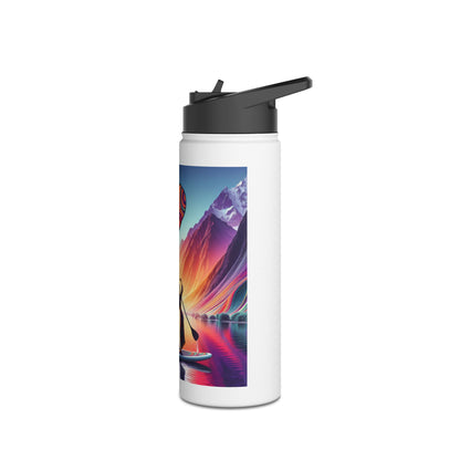 Elegant Fantasy Paddleboarding Stainless Steel Water Bottle with stunning paddleboarding design against a vibrant sunset background.