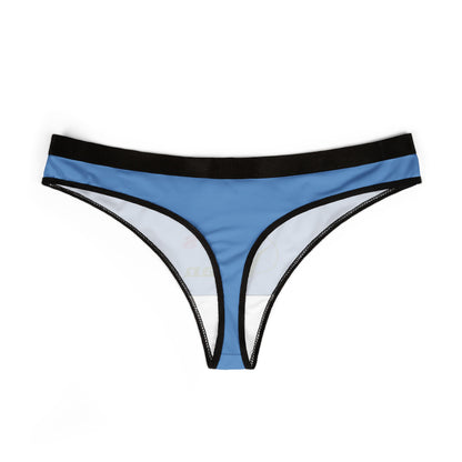 Luxurious blue thong panties featuring contrasting black trim, showcasing a playful and cheeky design for the confident woman.