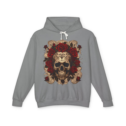Stylish unisex lightweight hooded sweatshirt adorned with a captivating skull and roses print, presented against a minimalist backdrop.