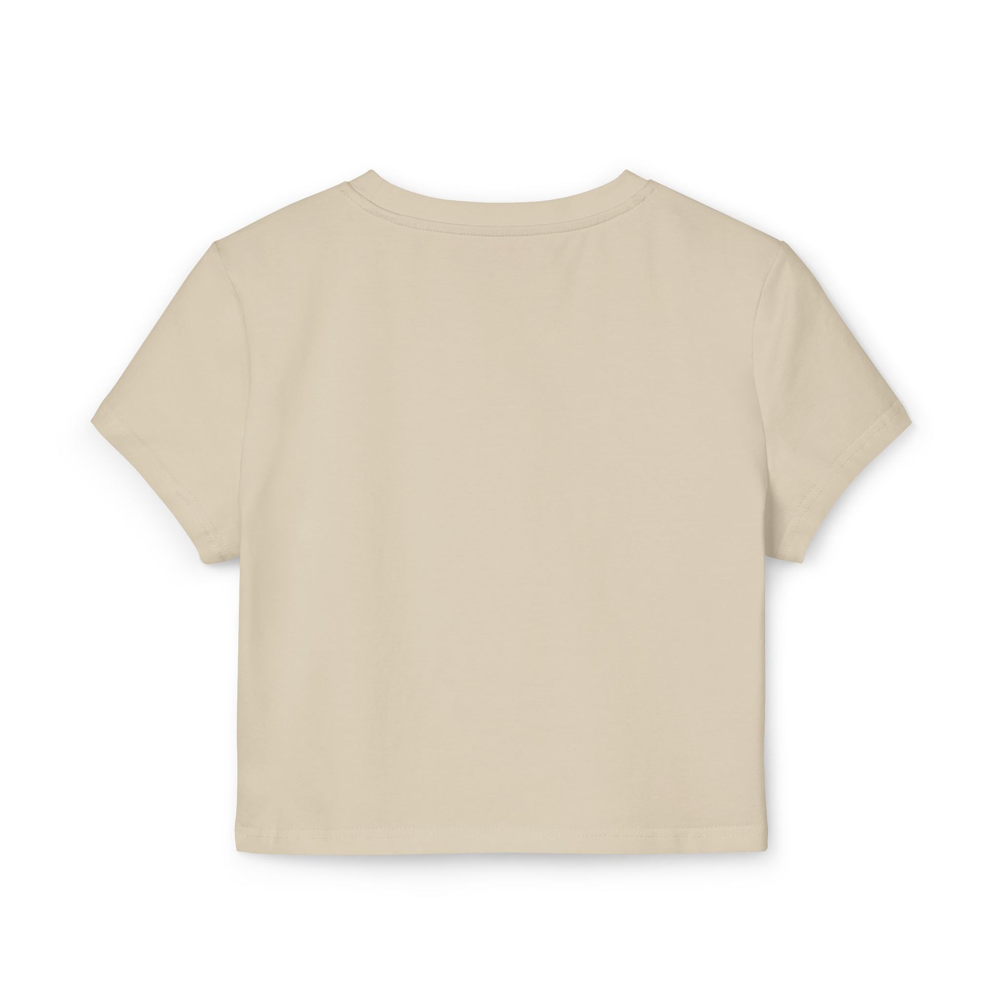 Elegant back view of a minimalist cropped t-shirt in soft beige, showcasing the clean and simple design ideal for effortless styling.