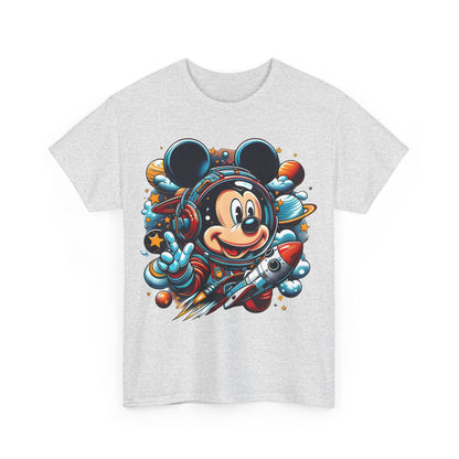 Close-up of the front design of the Blast Off with Mickey Astronaut Graphic Unisex Graphic Tee Shirt, featuring Mickey Mouse in an astronaut suit surrounded by colourful cosmic elements.