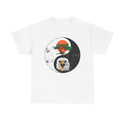 Stylish unisex graphic t-shirt featuring a vibrant yin-yang design combining a fierce bald eagle and a bonsai tree against a bright white fabric, embodying the spirit of martial arts.
