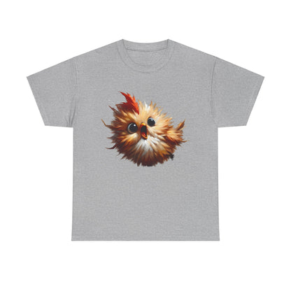 Explosive Joy Tee - Cartoon Bird Edition displaying a lively cartoon bird graphic on a grey unisex cotton tee, ideal for casual elegance.