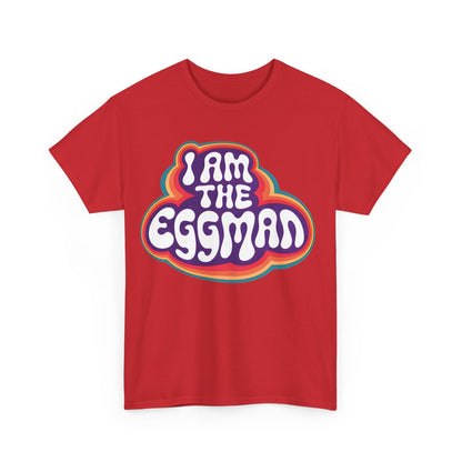 I Am The Eggman Graphic T-Shirt showcasing vibrant graphics on a luxurious red cotton tee, perfect for fashion-forward individuals.