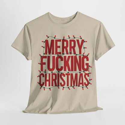 Merry Christmas Graphic T-Shirt Urban Unisex Cotton Tee featuring festive red lettering on a beige background, adorned with Christmas lights. Perfect for celebrating the holiday season in style and comfort.