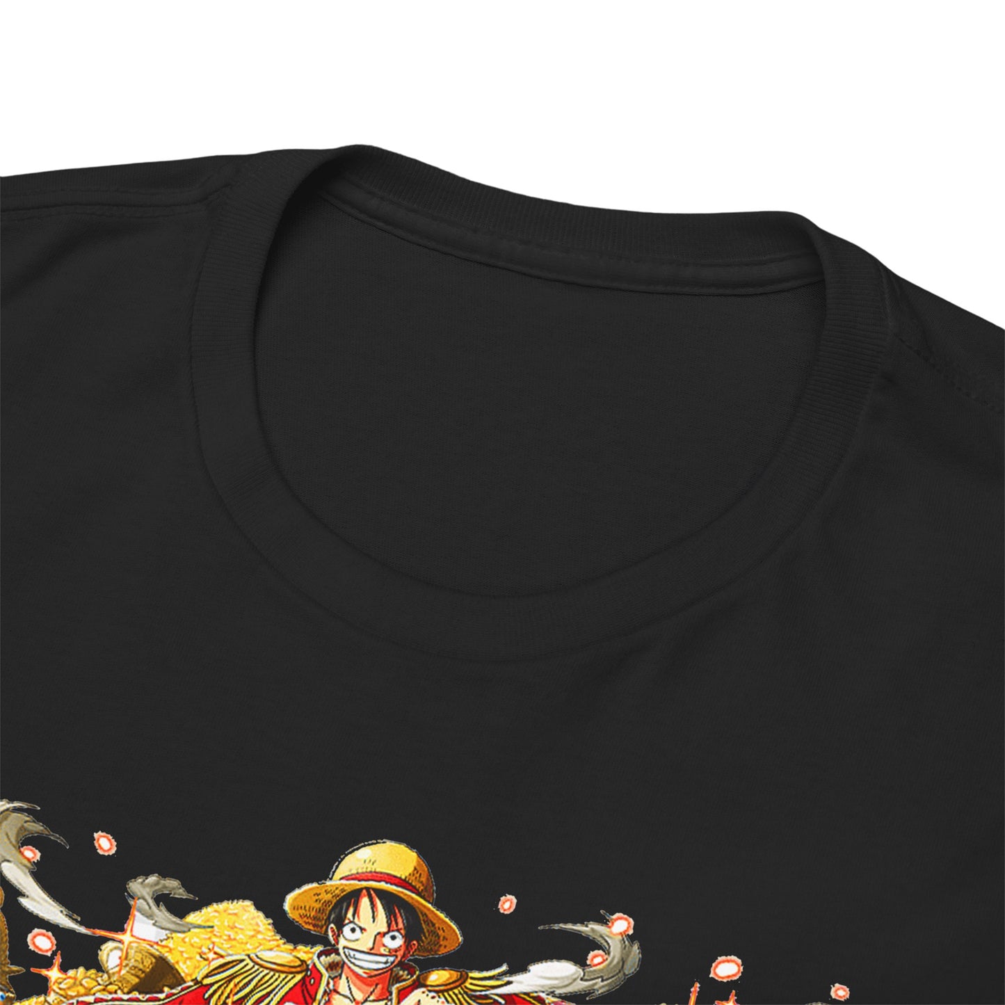High-quality Adventure Crew T-Shirt collar close-up, featuring intricate anime character details against a dark backdrop, reflecting premium craftsmanship and leisure elegance.