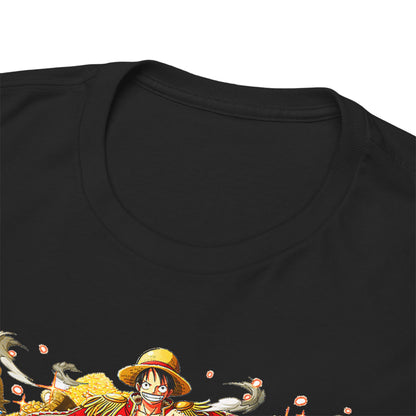 High-quality Adventure Crew T-Shirt collar close-up, featuring intricate anime character details against a dark backdrop, reflecting premium craftsmanship and leisure elegance.
