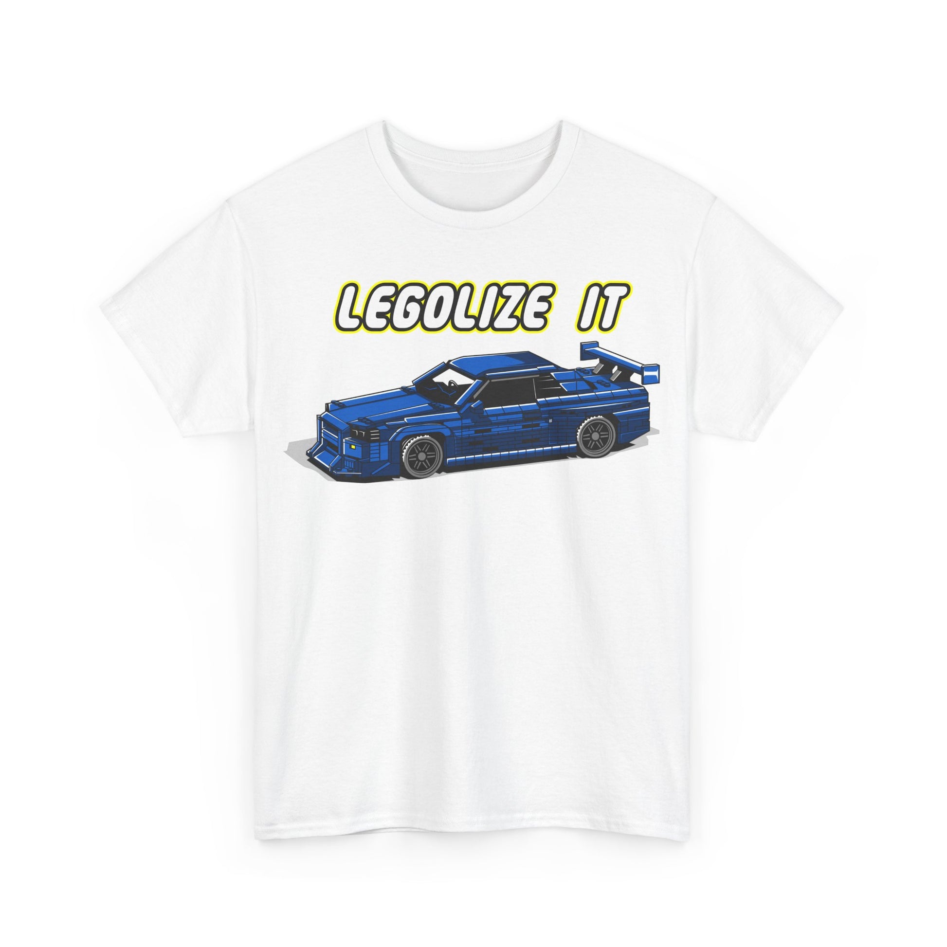 Refined white men's t-shirt featuring a pixelated blue sports car design and the motivational slogan 'LEGALIZE IT' in striking yellow. A must-have for trendsetters who appreciate unique graphic tees.