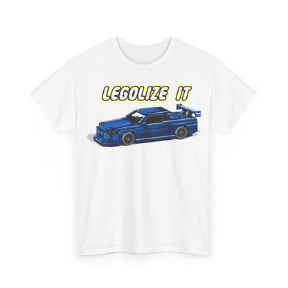 Refined white men's t-shirt featuring a pixelated blue sports car design and the motivational slogan 'LEGALIZE IT' in striking yellow. A must-have for trendsetters who appreciate unique graphic tees.