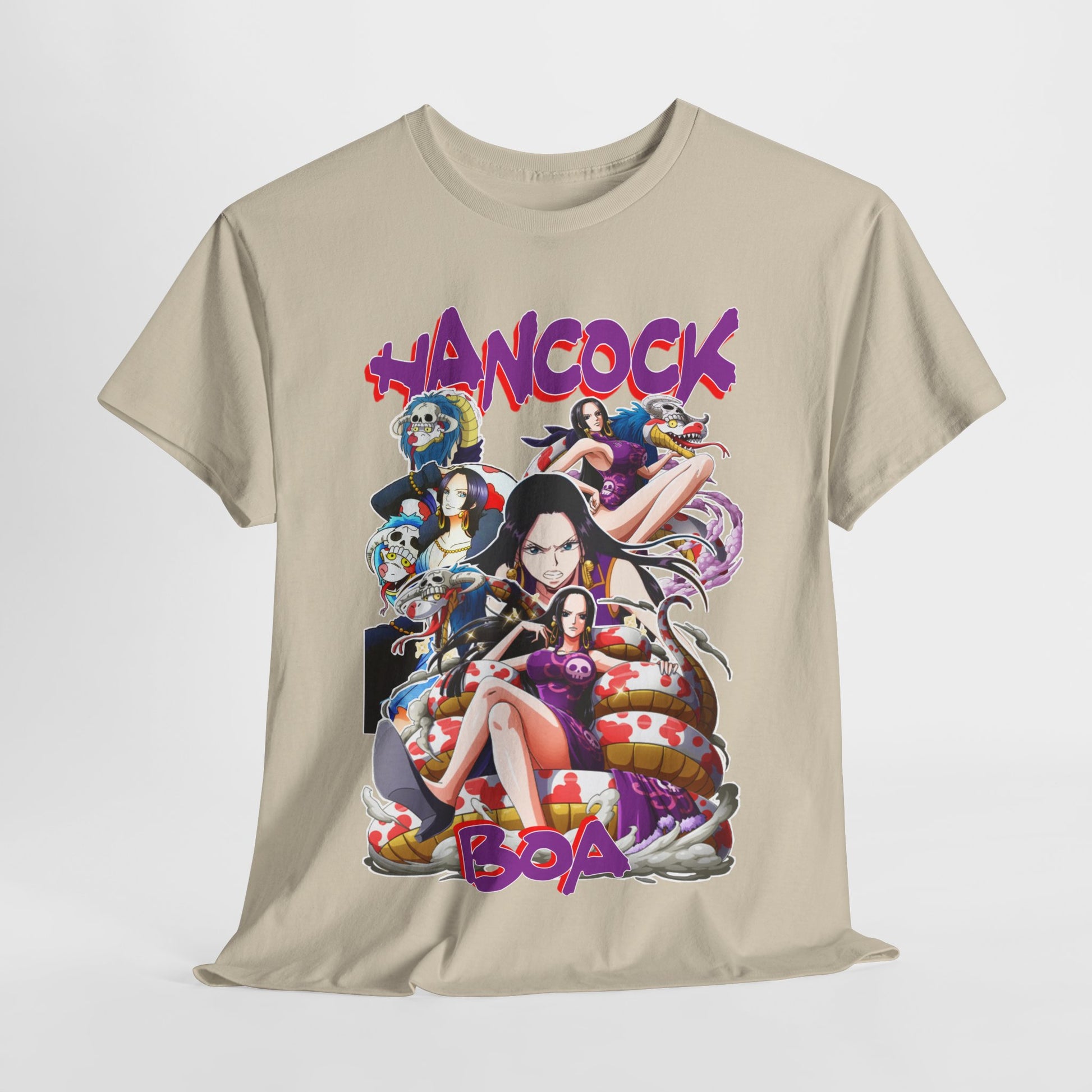 Luxury Boa Hancock T-Shirt hanging gracefully, featuring a captivating print of Boa Hancock and other beloved characters from 'One Piece'.