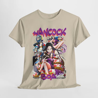 Luxury Boa Hancock T-Shirt hanging gracefully, featuring a captivating print of Boa Hancock and other beloved characters from 'One Piece'.