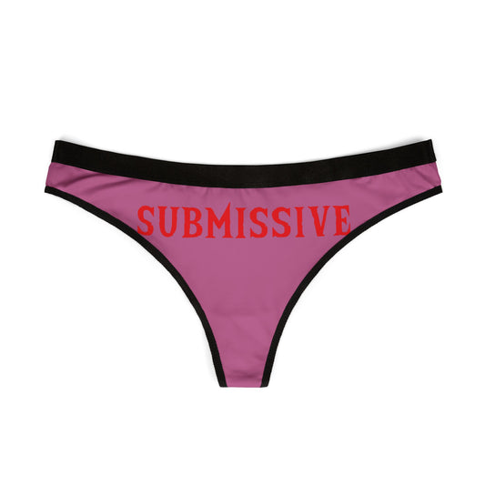 Designer purple thong with elegant black waistband, prominently displaying the word 'SUBMISSIVE' in striking red, ideal for cheeky romantic gifts.