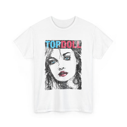 Stylish white men's t-shirt featuring a prominent graphic of a striking woman with electric blue eyes and the 'TOP DOLL' print, exuding confidence and creativity.